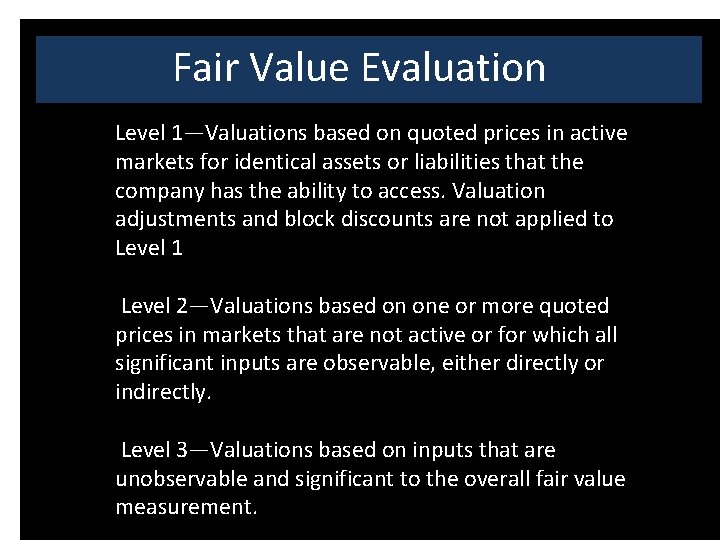 Fair Value Evaluation Level 1—Valuations based on quoted prices in active markets for identical