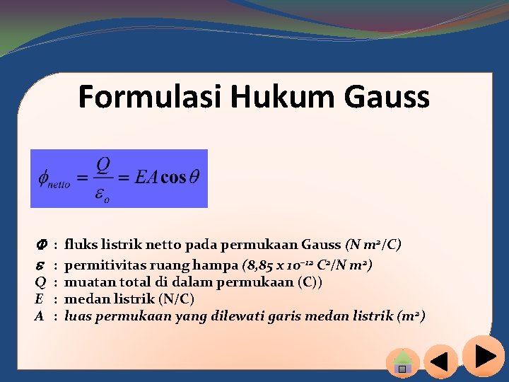 Formulasi Hukum Gauss : fluks listrik netto pada permukaan Gauss (N m 2/C) : Formulasi Hukum Gauss : fluks listrik netto pada permukaan Gauss (N m 2/C) :