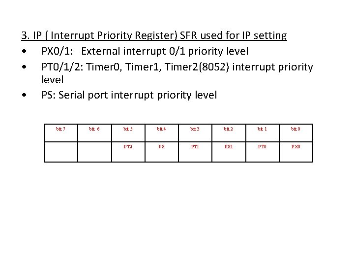 3. IP ( Interrupt Priority Register) SFR used for IP setting • PX 0/1: