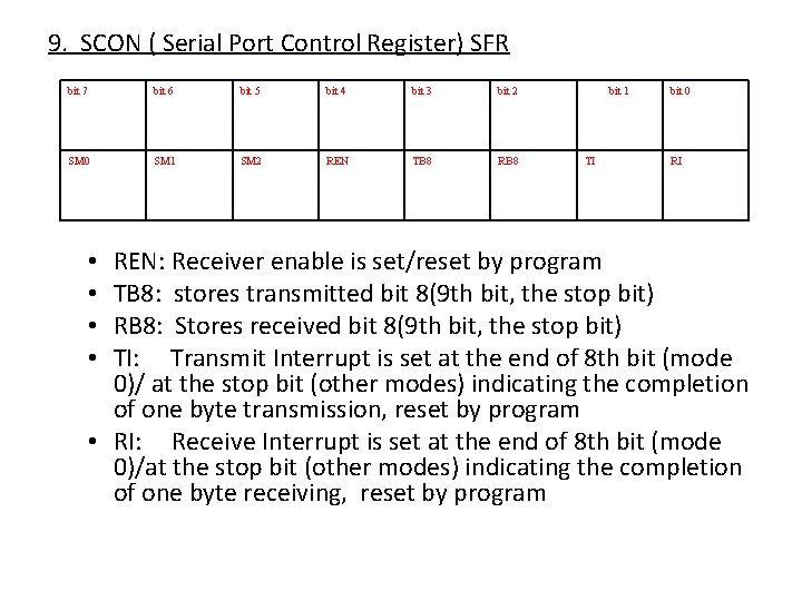 9. SCON ( Serial Port Control Register) SFR bit 7 bit 6 bit 5