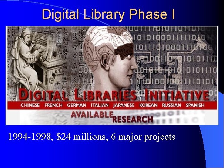 Digital Library Phase I 1994 -1998, $24 millions, 6 major projects 