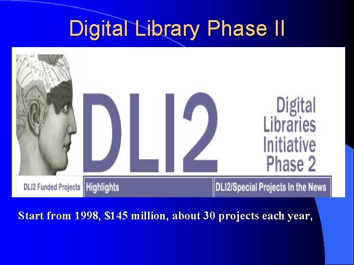 Digital Library Phase II Start from 1998, $145 million, about 30 projects each year,