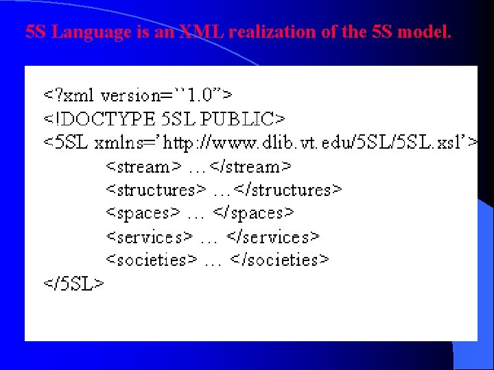 5 S Language is an XML realization of the 5 S model. 