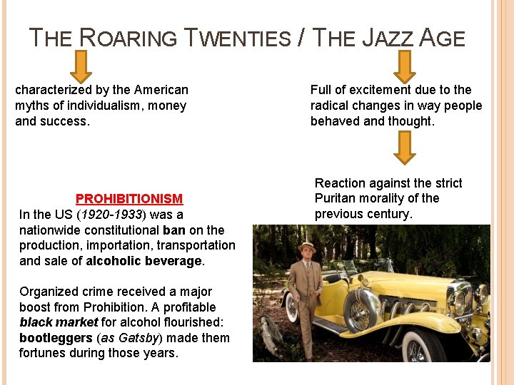 THE ROARING TWENTIES / THE JAZZ AGE characterized by the American myths of individualism,