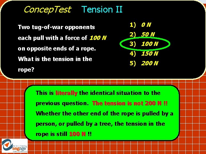 Concep. Test Tension II Two tug-of-war opponents each pull with a force of 100