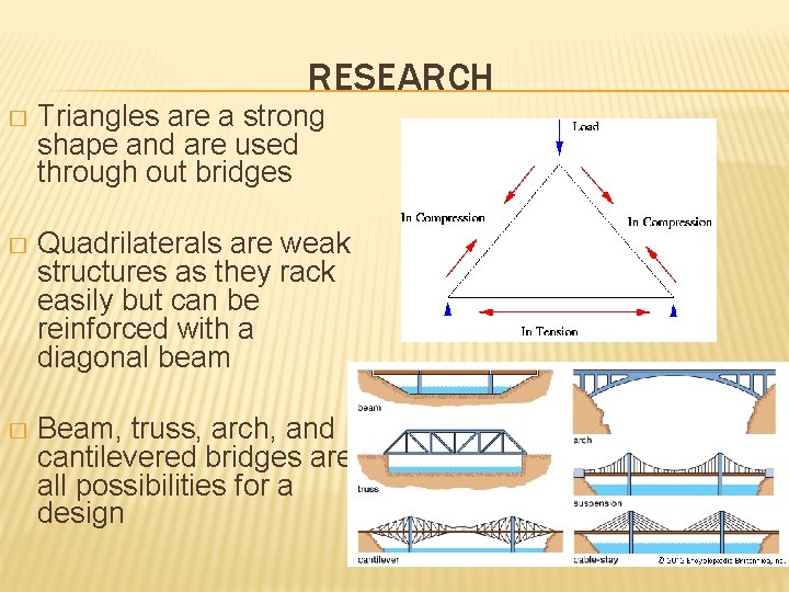 RESEARCH � Triangles are a strong shape and are used through out bridges �