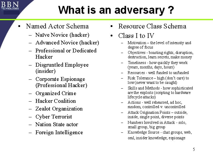 What is an adversary ? • Named Actor Schema – Naïve Novice (hacker) –