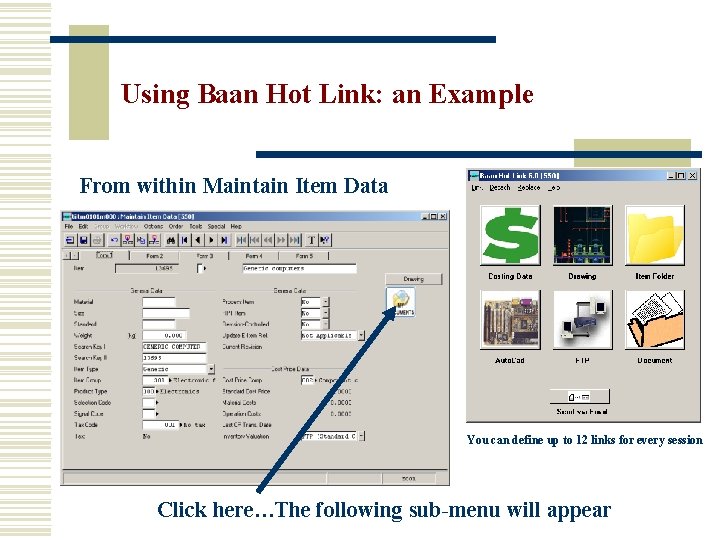 Using Baan Hot Link: an Example From within Maintain Item Data You can define