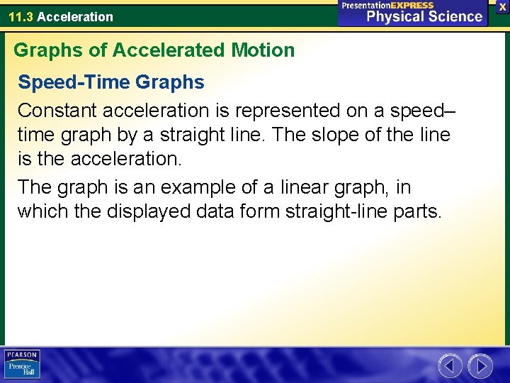 11. 3 Acceleration Graphs of Accelerated Motion Speed-Time Graphs Constant acceleration is represented on