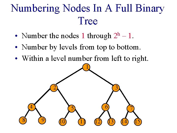 Numbering Nodes In A Full Binary Tree • Number the nodes 1 through 2