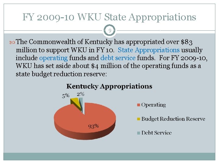 FY 2009 -10 WKU State Appropriations 9 The Commonwealth of Kentucky has appropriated over