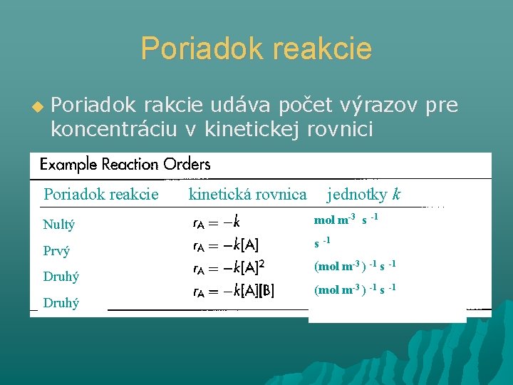 Poriadok reakcie Poriadok rakcie udáva počet výrazov pre koncentráciu v kinetickej rovnici Poriadok reakcie