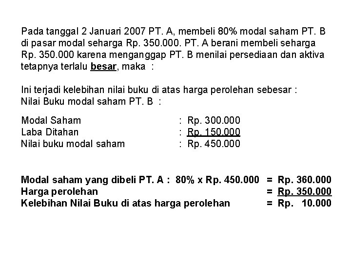 Pada tanggal 2 Januari 2007 PT. A, membeli 80% modal saham PT. B di