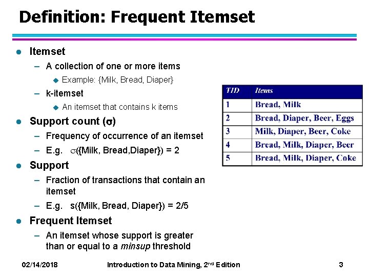 Definition: Frequent Itemset l Itemset – A collection of one or more items u
