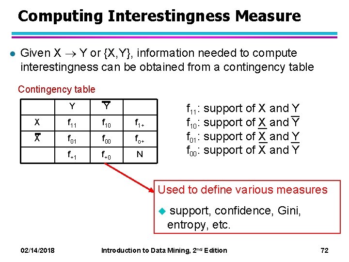 Computing Interestingness Measure l Given X Y or {X, Y}, information needed to compute