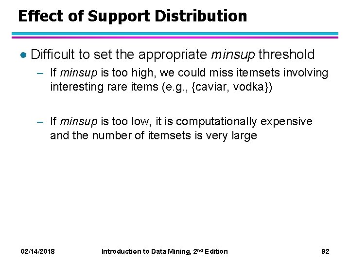 Effect of Support Distribution l Difficult to set the appropriate minsup threshold – If