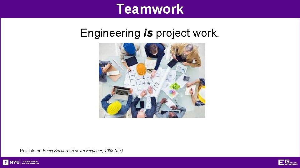 Teamwork Engineering is project work. Roadstrum- Being Successful as an Engineer, 1988 (p. 7)