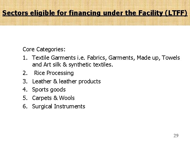 Sectors eligible for financing under the Facility (LTFF) Core Categories: 1. Textile Garments i.