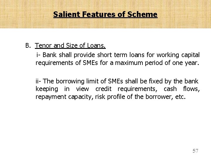 Salient Features of Scheme B. Tenor and Size of Loans. i- Bank shall provide