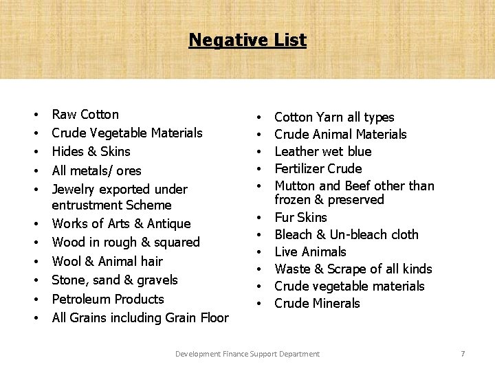 Negative List Rationale of Negative List • • • Raw Cotton Crude Vegetable Materials