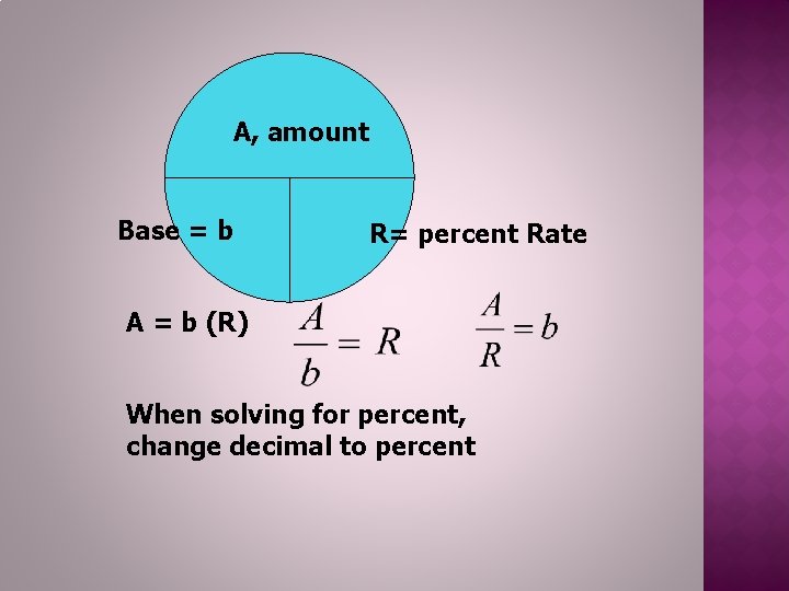 A, amount Base = b R= percent Rate A = b (R) When solving