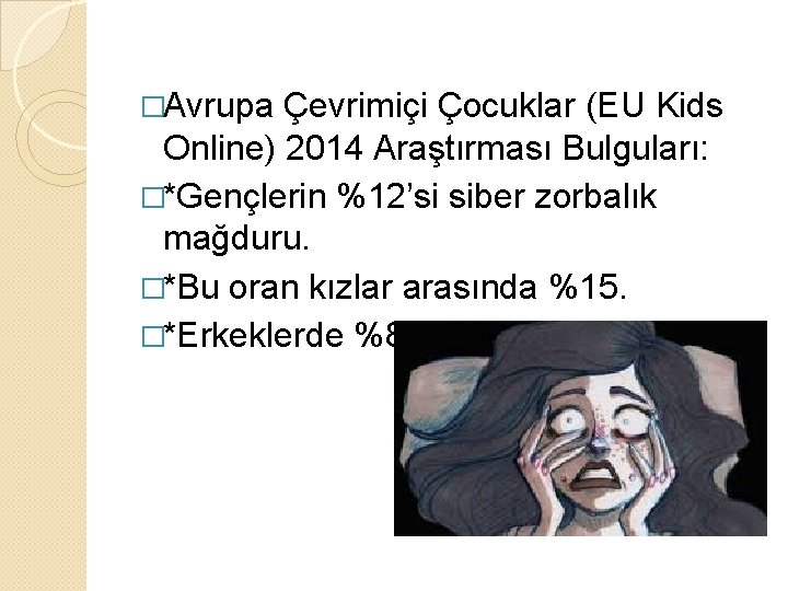 �Avrupa Çevrimiçi Çocuklar (EU Kids Online) 2014 Araştırması Bulguları: �*Gençlerin %12’si siber zorbalık mağduru.