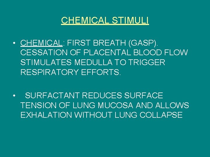 CHEMICAL STIMULI • CHEMICAL: FIRST BREATH (GASP). CESSATION OF PLACENTAL BLOOD FLOW STIMULATES MEDULLA