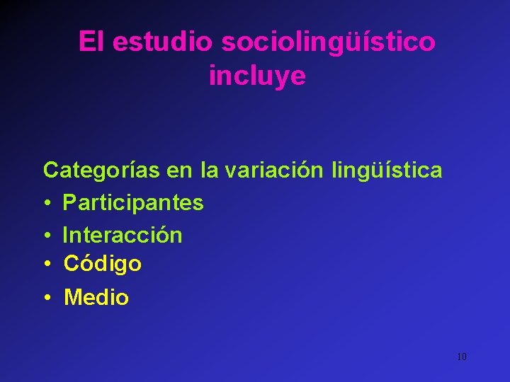 El estudio sociolingüístico incluye Categorías en la variación lingüística • Participantes • Interacción •
