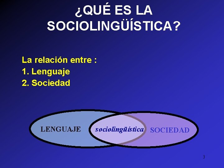 ¿QUÉ ES LA SOCIOLINGÜÍSTICA? La relación entre : 1. Lenguaje 2. Sociedad LENGUAJE sociolingüística