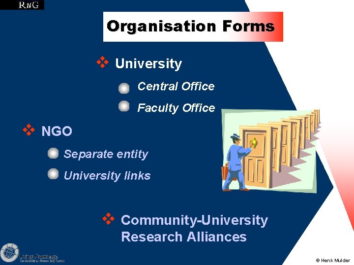 Organisation Forms v University Central Office Faculty Office v NGO Separate entity University links