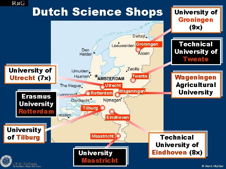 Dutch Science Shops Groningen University of Utrecht (7 x) Erasmus University Rotterdam University of
