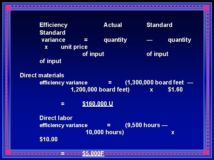 Efficiency Actual Standard variance = quantity x unit price of input Standard — quantity