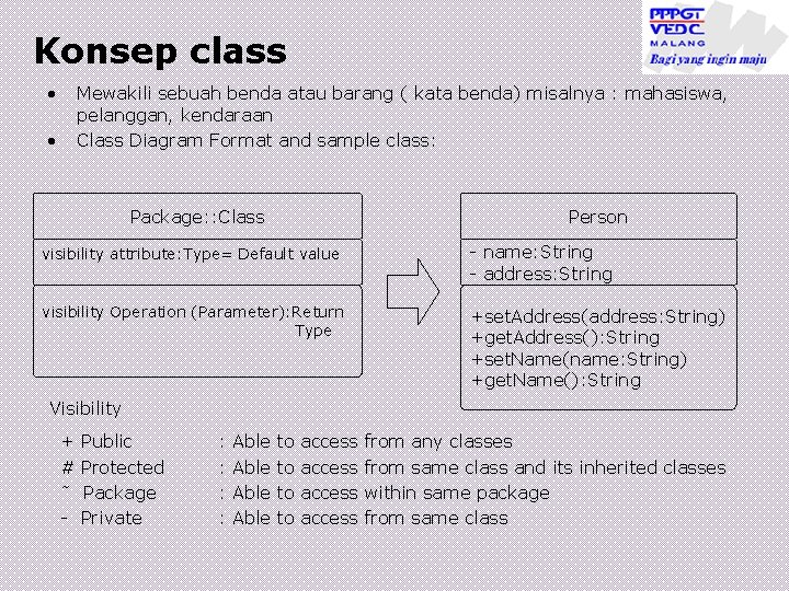 Konsep class • • Mewakili sebuah benda atau barang ( kata benda) misalnya :