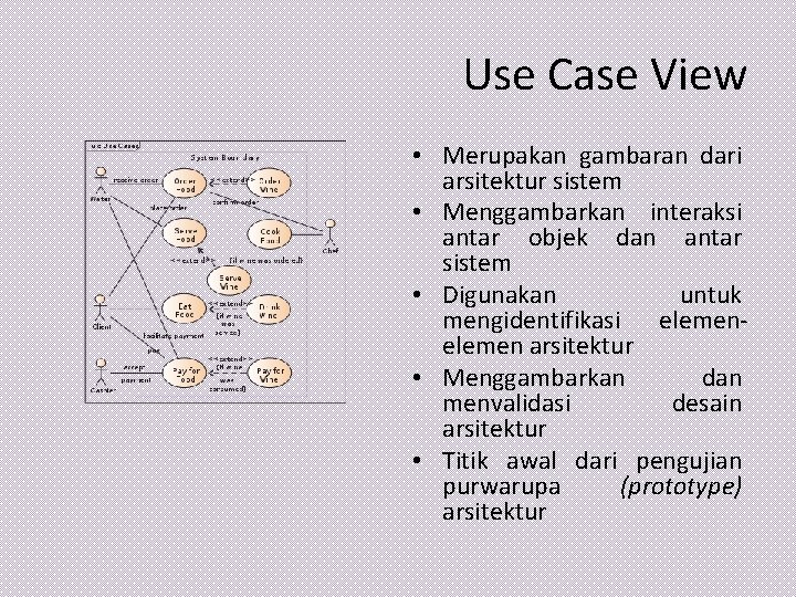 Use Case View • Merupakan gambaran dari arsitektur sistem • Menggambarkan interaksi antar objek