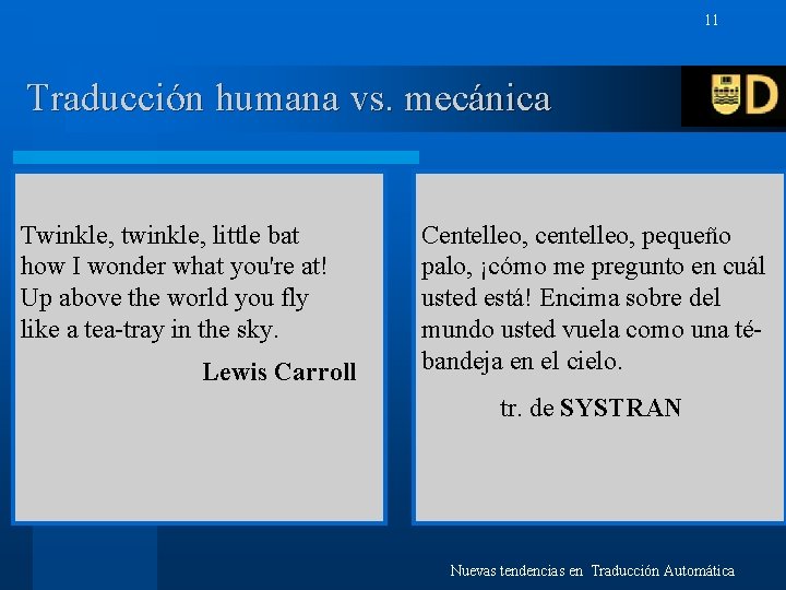 11 Traducción humana vs. mecánica Twinkle, twinkle, little bat how I wonder what you're