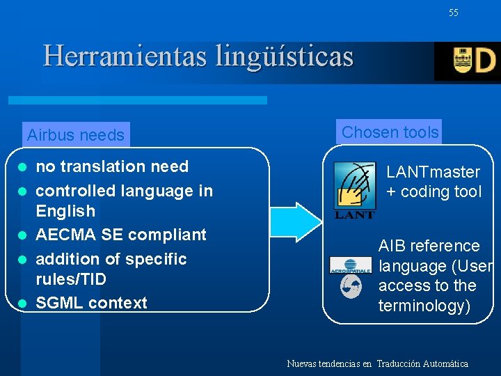 55 Herramientas lingüísticas Airbus needs l l l no translation need controlled language in