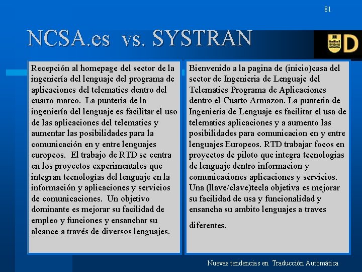 81 NCSA. es vs. SYSTRAN Recepción al homepage del sector de la ingeniería del
