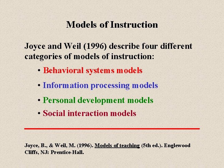 Models of Instruction Joyce and Weil (1996) describe four different categories of models of