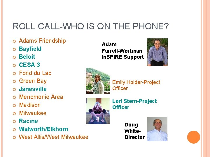 ROLL CALL-WHO IS ON THE PHONE? Adams Friendship Bayfield Beloit CESA 3 Fond du