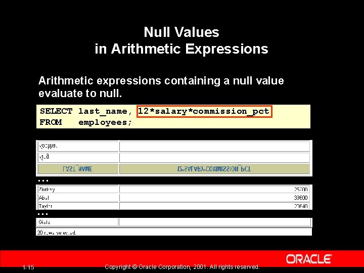 Null Values in Arithmetic Expressions Arithmetic expressions containing a null value evaluate to null.