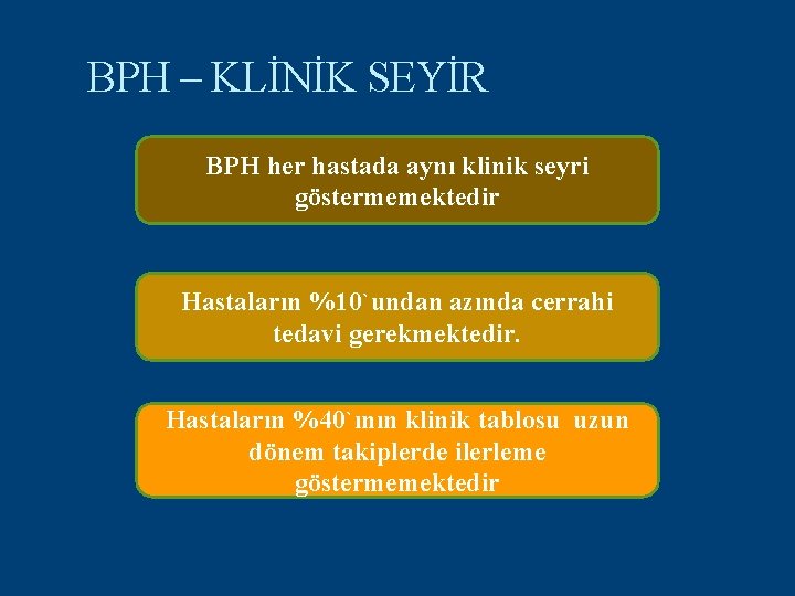 BPH – KLİNİK SEYİR BPH her hastada aynı klinik seyri göstermemektedir Hastaların %10`undan azında