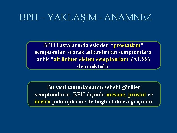 BPH – YAKLAŞIM - ANAMNEZ BPH hastalarında eskiden “prostatizm” semptomları olarak adlandırılan semptomlara artık