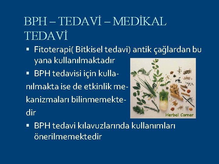 BPH – TEDAVİ – MEDİKAL TEDAVİ Fitoterapi( Bitkisel tedavi) antik çağlardan bu yana kullanılmaktadır