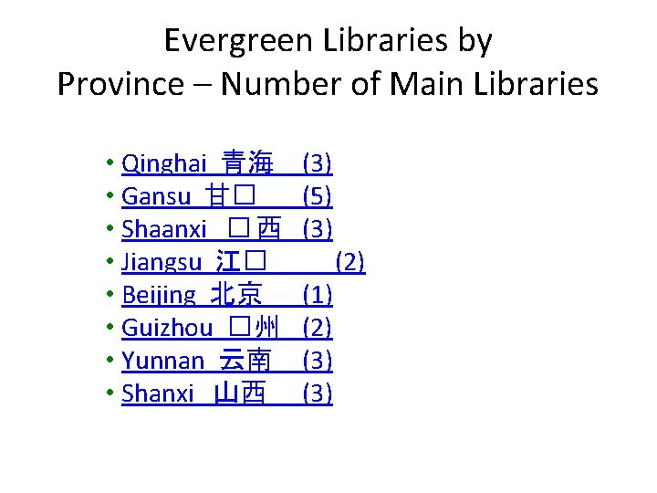 Evergreen Libraries by Province – Number of Main Libraries • Qinghai 青海 • Gansu