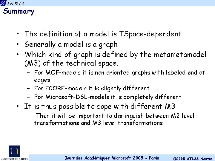 Summary • The definition of a model is TSpace-dependent • Generally a model is