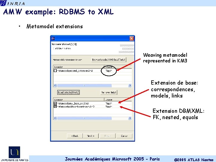AMW example: RDBMS to XML • Metamodel extensions Weaving metamodel represented in KM 3