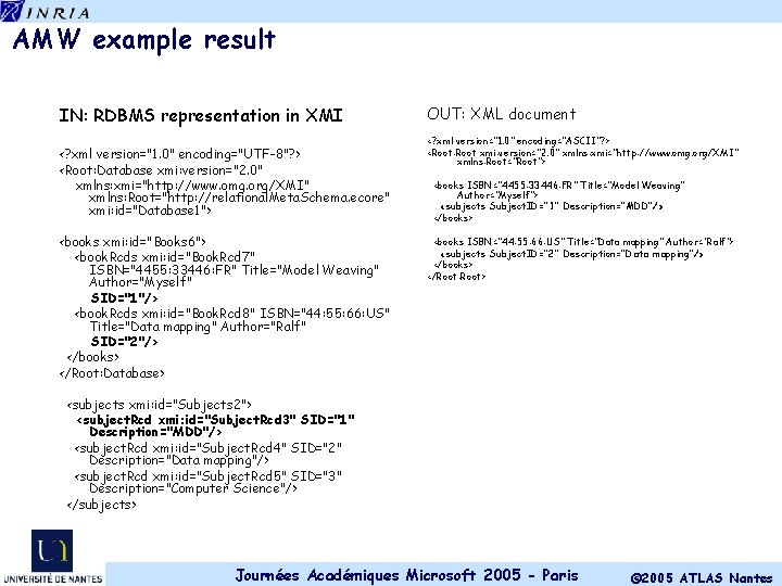 AMW example result IN: RDBMS representation in XMI <? xml version="1. 0" encoding="UTF-8"? >