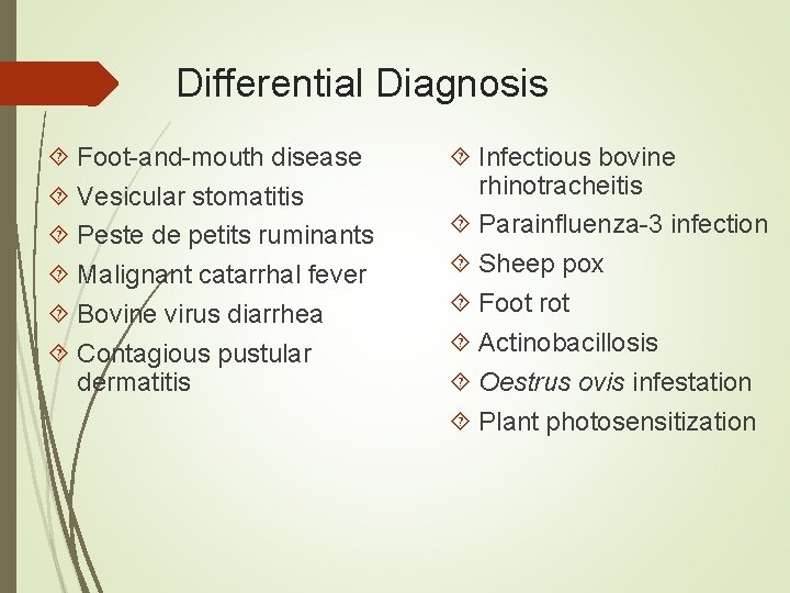 Differential Diagnosis Foot-and-mouth disease Vesicular stomatitis Peste de petits ruminants Malignant catarrhal fever Bovine