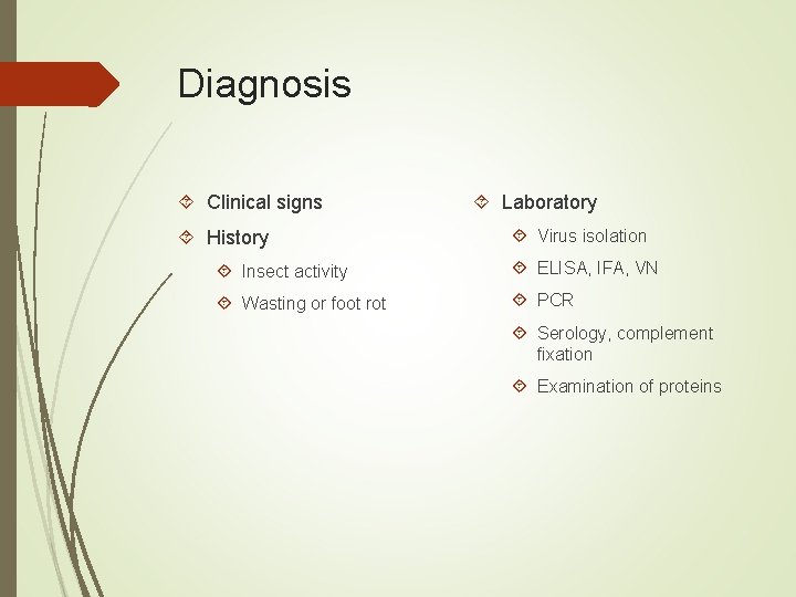 Diagnosis Clinical signs History Laboratory Virus isolation Insect activity ELISA, IFA, VN Wasting or