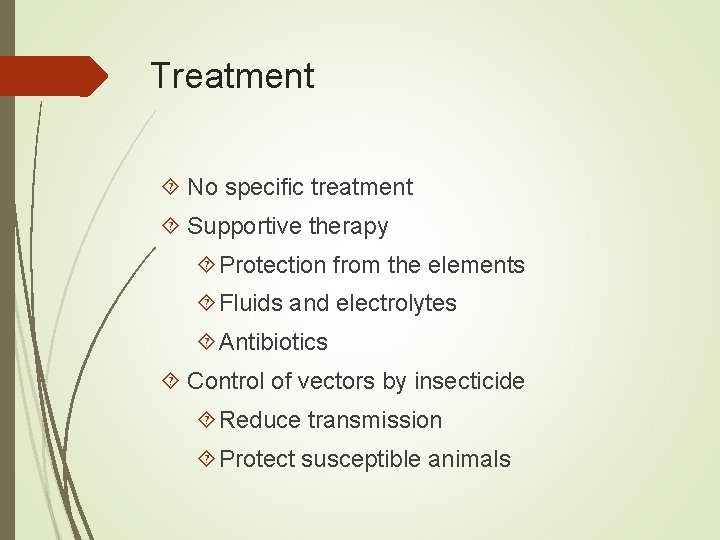 Treatment No specific treatment Supportive therapy Protection from the elements Fluids and electrolytes Antibiotics